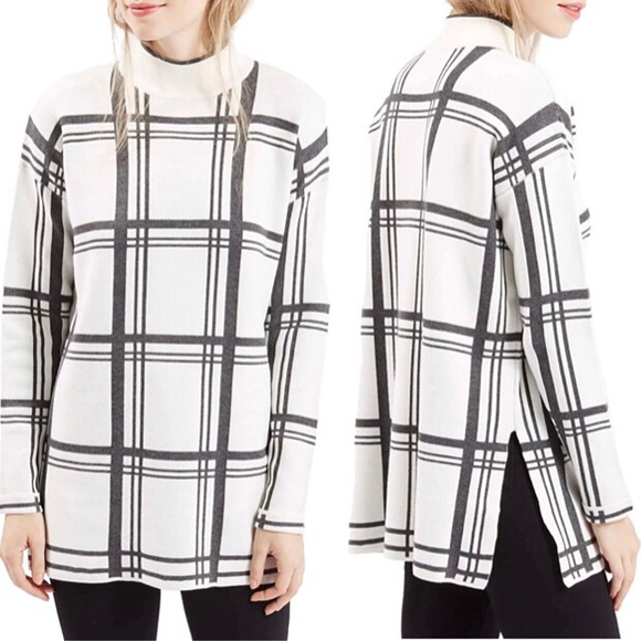 Topshop Sweaters - Topshop Jacquard Check Mock Neck Tunic Sweater